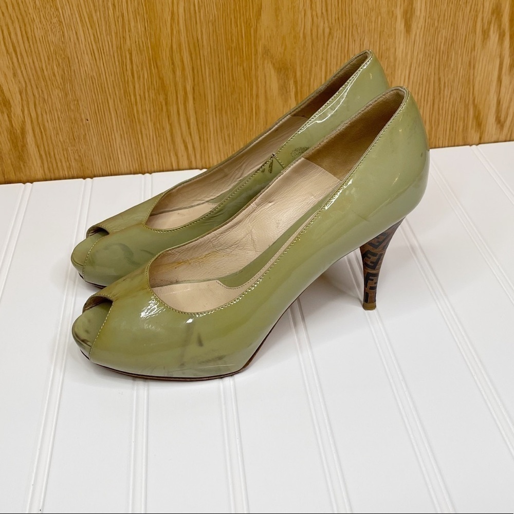 Fendi Green Patent Leather Zucca Print Heel Peep Toe Pumps